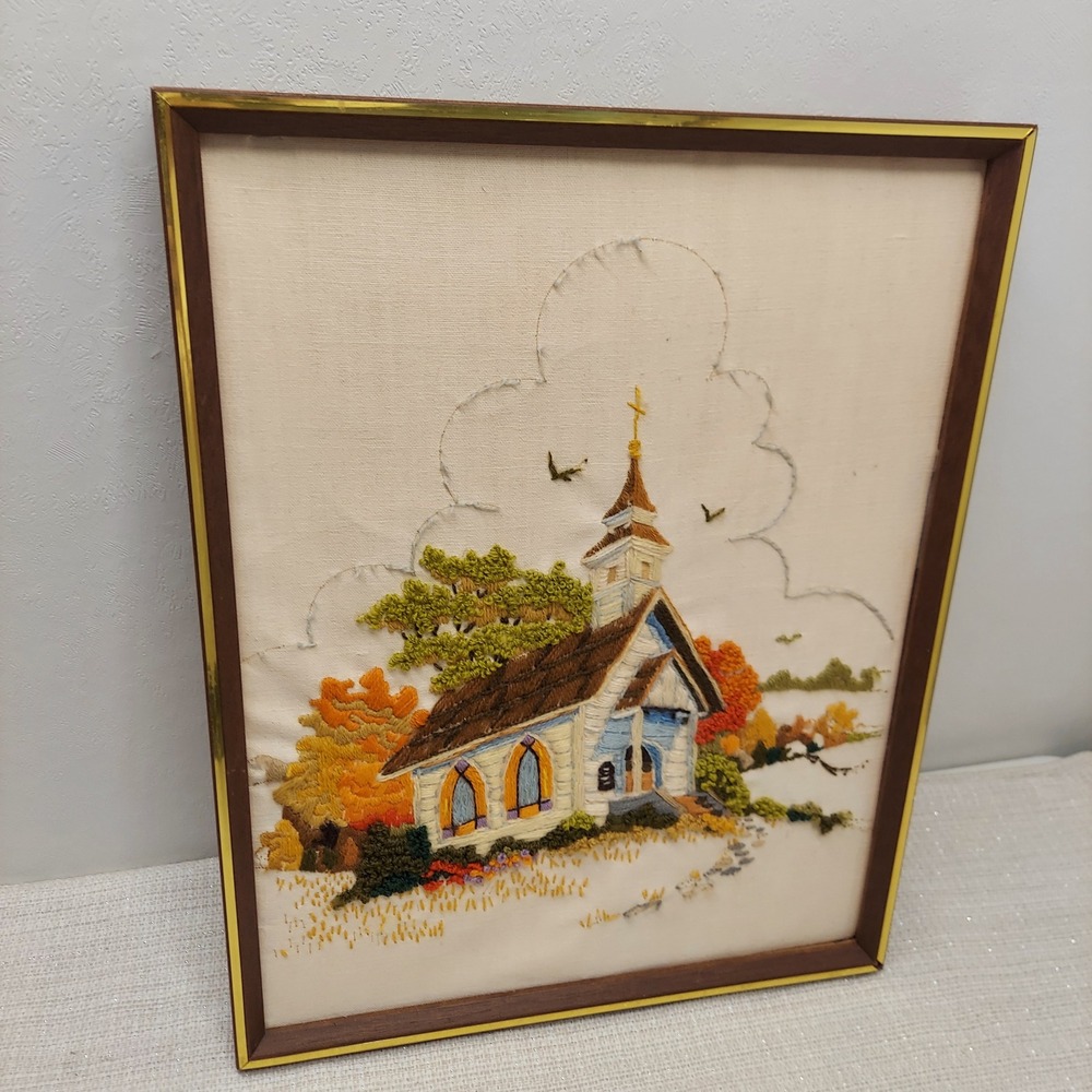 Vintage Yarn Crewel Embroidery Country Church Autumn Landscape 15x19